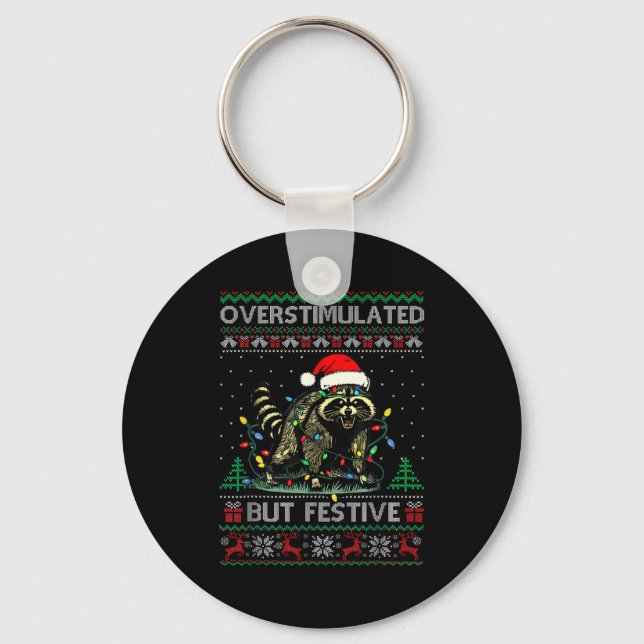 Overstimulated But Festive Raccoon Christmas Pajam Keychain (Front)