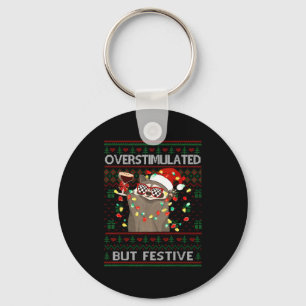 Overstimulated But Festive Raccoon Ugly Sweater Ch Keychain