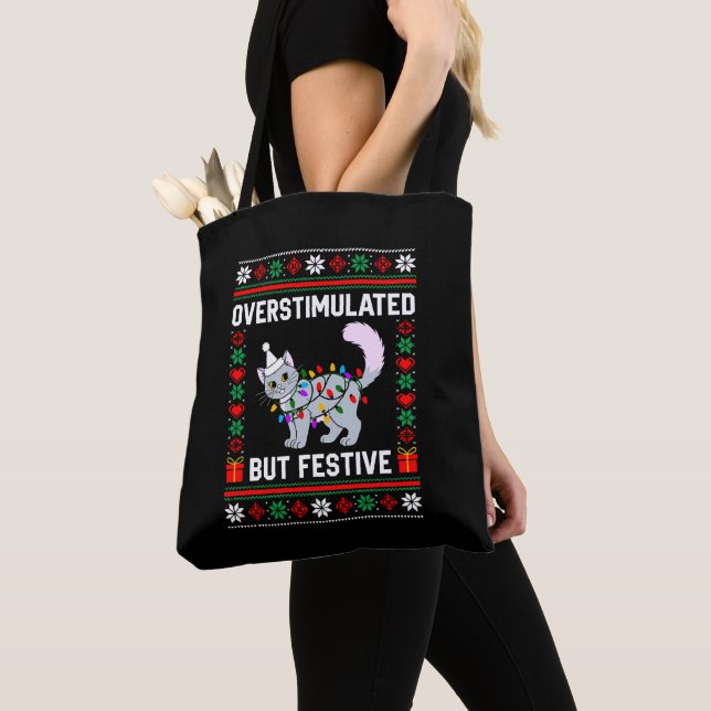 Overstimulated But Festive Ugly Christmas Cat Tote Bag (Close Up)