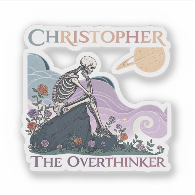 Overthinker Skeleton Custom Name Vinyl Sticker (Devant)