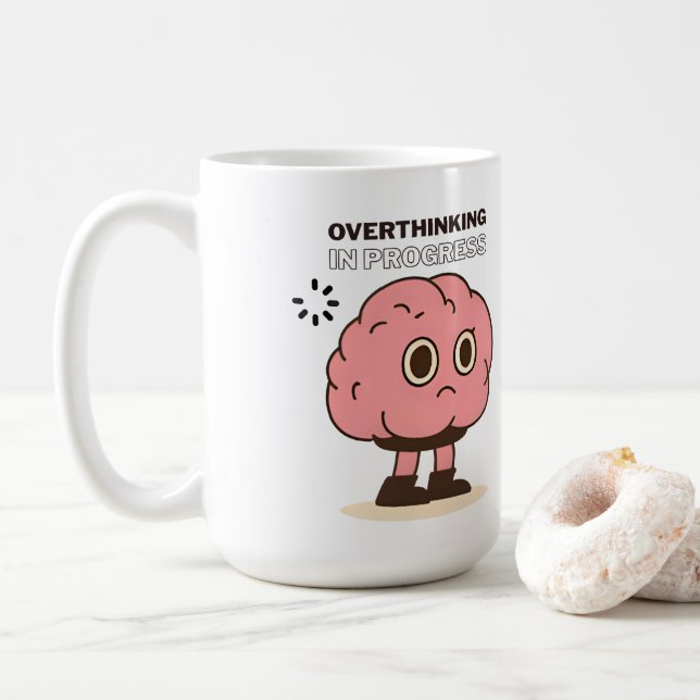 Overthinking in Progress – Funny Brain Doodle Coffee Mug (With Donut)