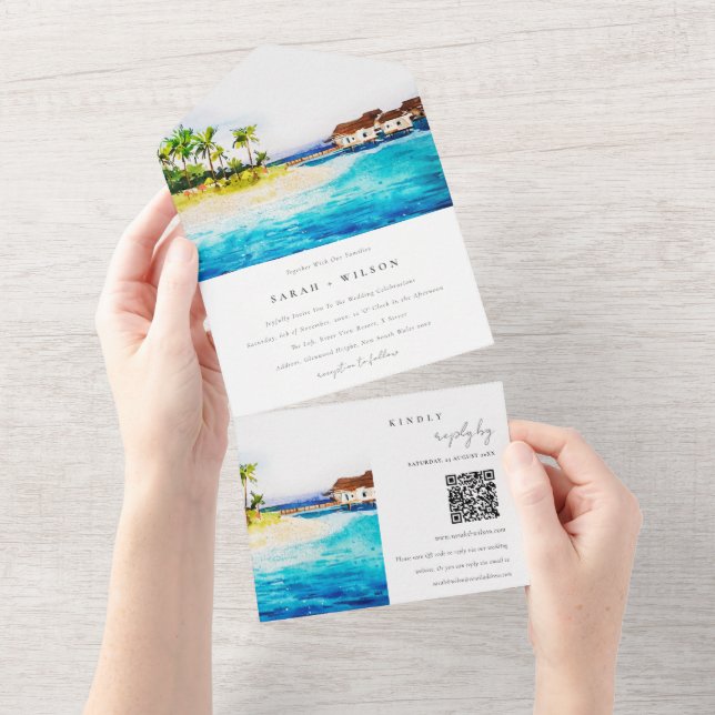 Overwater Villa Seascape Beach Wedding QR Code All In One Invitation (Tearaway)