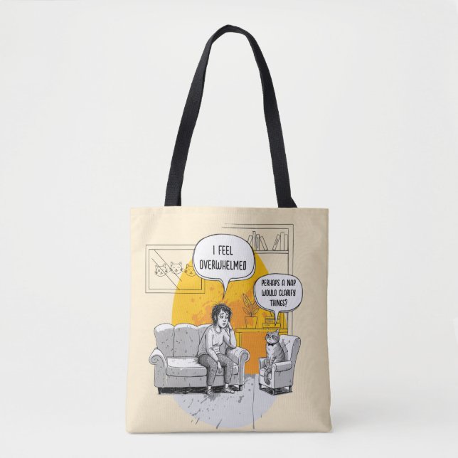 Overwhelmed Introvert Cat Humor Relatable Meme Tote Bag (Front)