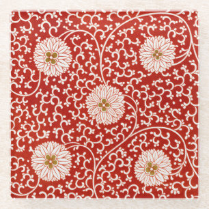 Owen Jones Chinese Ornament Red White Floral Glass Coaster