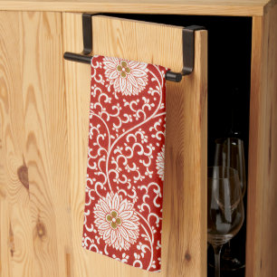 Owen Jones Chinese Ornament Red White Floral Kitchen Towel