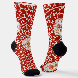 Owen Jones Chinese Ornament Red White Floral Socks