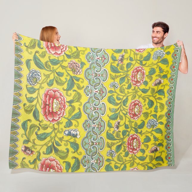 Owen Jones Peony Yellow Background Fleece Blanket (In Situ)