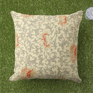 Owen Jones Vintage Pattern: Coral Floral Grey Outdoor Pillow