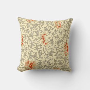 Owen Jones Vintage Pattern: Coral Floral Grey Throw Pillow