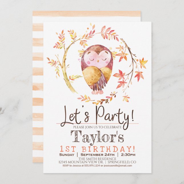 Owl 1er Anniversaire Fête Invitation (Devant / Derrière)