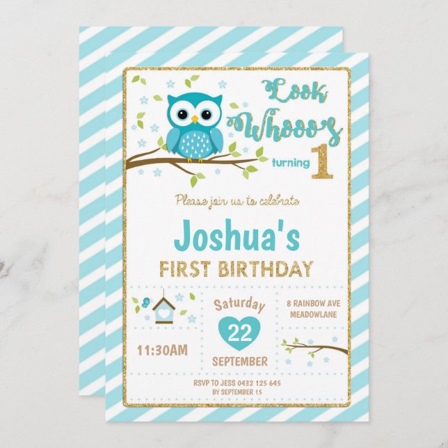 Owl 1st Birthday Invitation Boy Turquoise and Gold (Front/Back)