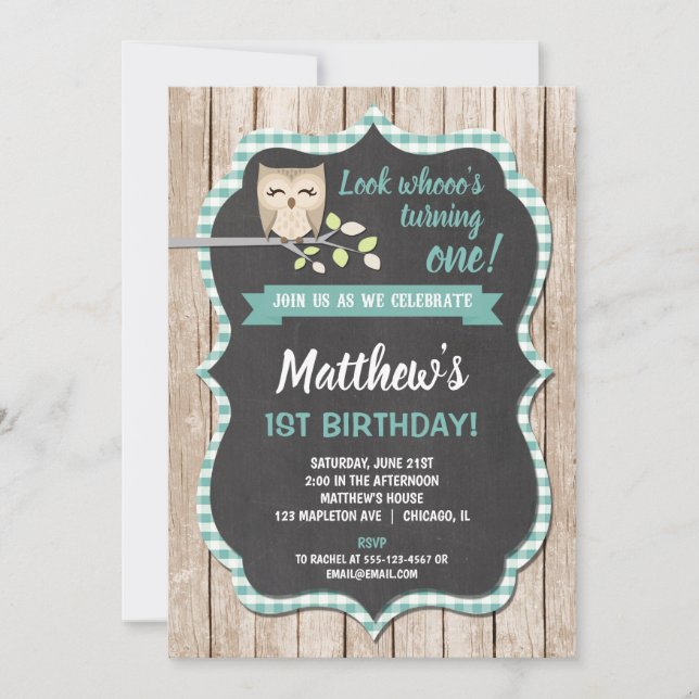 Owl 1st birthday invitations boy woodland birthday (Front)