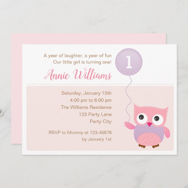 Owl 1st Birthday Invitations (Girls) with Balloon (Front/Back)