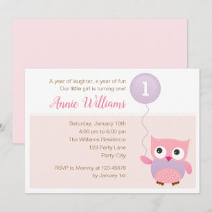 Owl 1st Birthday Invitations (Girls) with Balloon