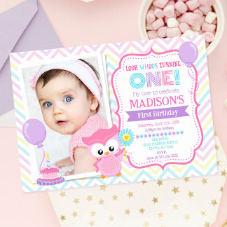 Owl 1st Birthday Party Photo Invitation Girl Pink