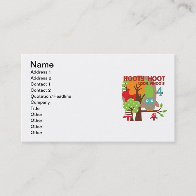 Owl 4th Birthday T shirts and Gifts Business Card (Front)