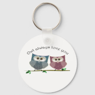 Owl always Love You, Pink and Blue Cute Owls Art Keychain