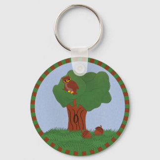 Owl and an Oak Tree Whimsical Cartoon Art Keychain