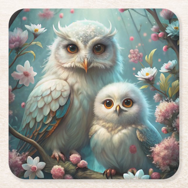 Owl and Baby Square Paper Coaster (Front)