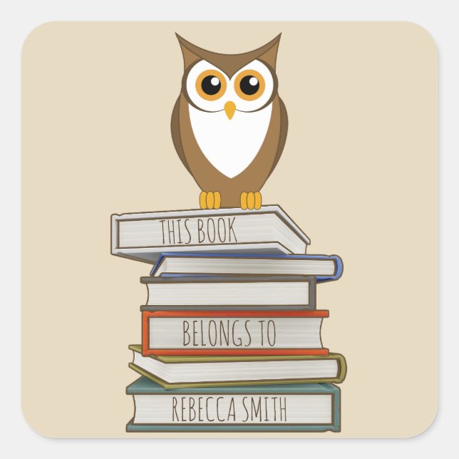 Owl and Books Personalised Book Belongs to  Square Sticker (Front)