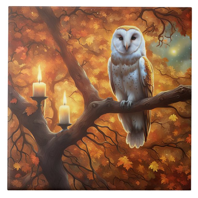 Owl and Candles Mystical Fall Colours Tile (Front)