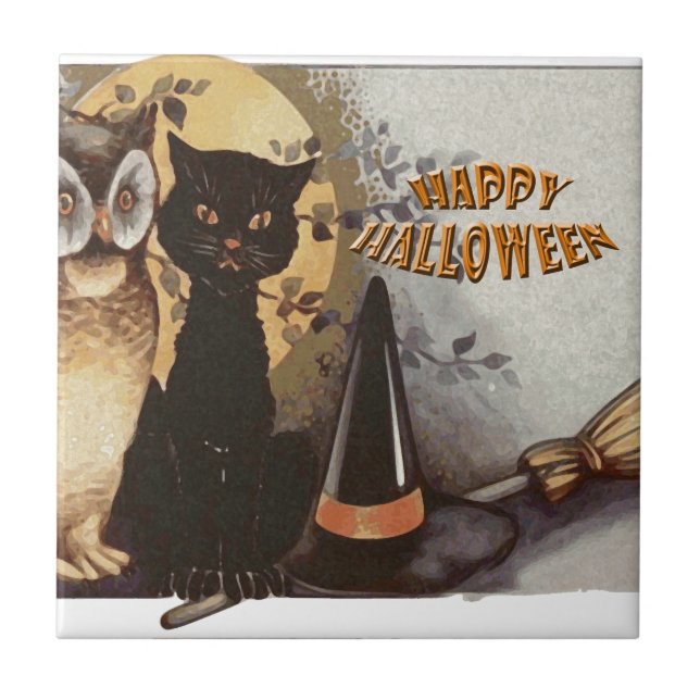 Owl and Cat Halloween Tile (Front)