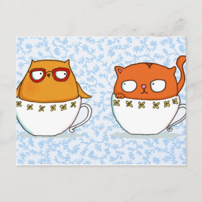 Owl and cat teacup buddies on china blue back postcard (Front)