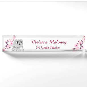 Owl And Cherry Blossom Pink White Teacher Nameplate