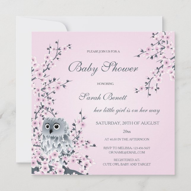 Owl  And Cherry Blossoms Baby Shower Invitation (Front)