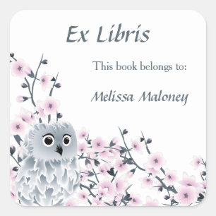 Owl And Cherry Blossoms Ex Libris Add Name Square Sticker