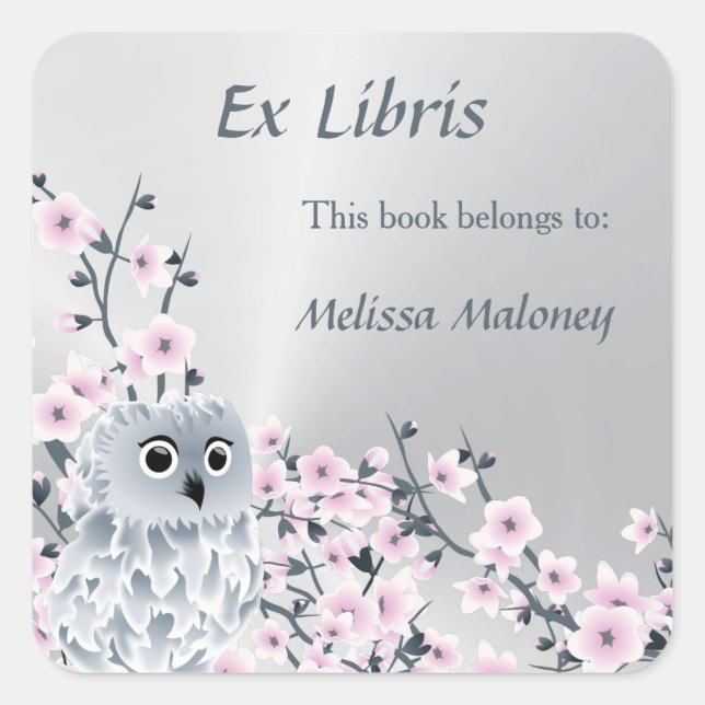 Owl And Cherry Blossoms Ex Libris Bookplate Square Sticker (Front)