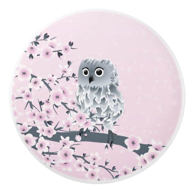 Owl And Cherry Blossoms Pink Grey Ceramic Knob (Front)