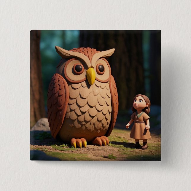 Owl and cute kid 2 inch square button (Front)