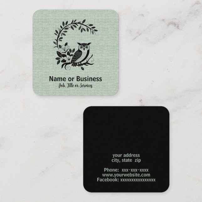 Owl and flowers graphic square business card (Front/Back)