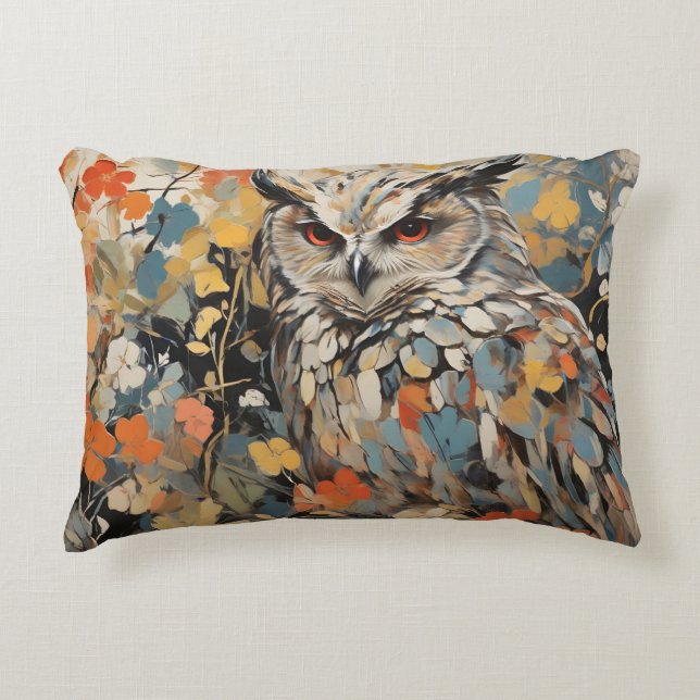 Owl and Flowers In Spring Painting Accent Pillow (Front)