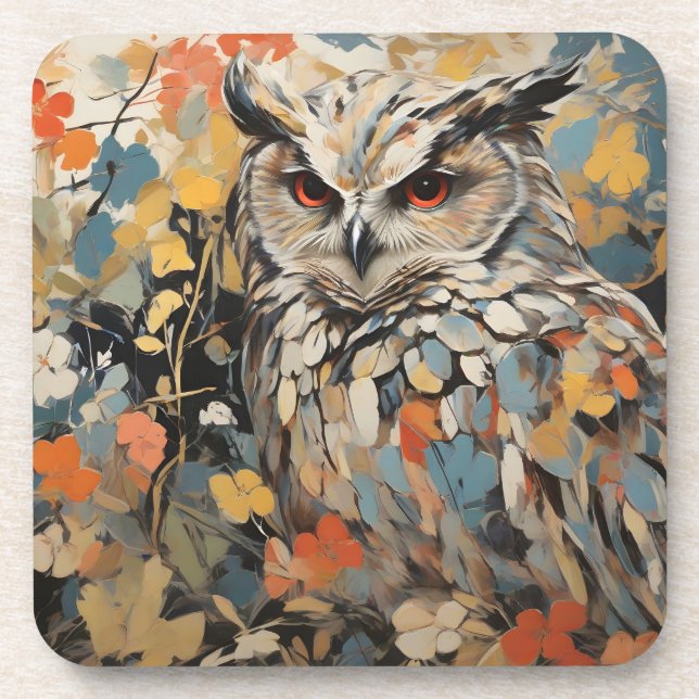 Owl and Flowers In Spring Painting Coaster (Front)