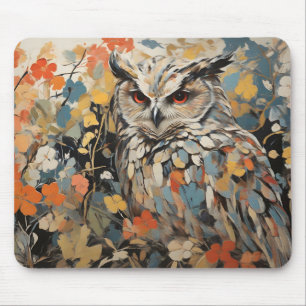 Owl and Flowers In Spring Painting Mouse Pad