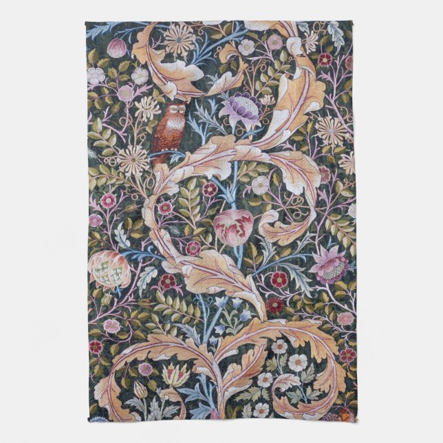 Owl and Flowers, William Morris Kitchen Towel (Vertical)