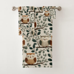 Owl and Forest Leaf Pattern Bath Towel Set