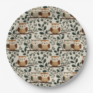 Owl and Forest Leaf Pattern Paper Plate