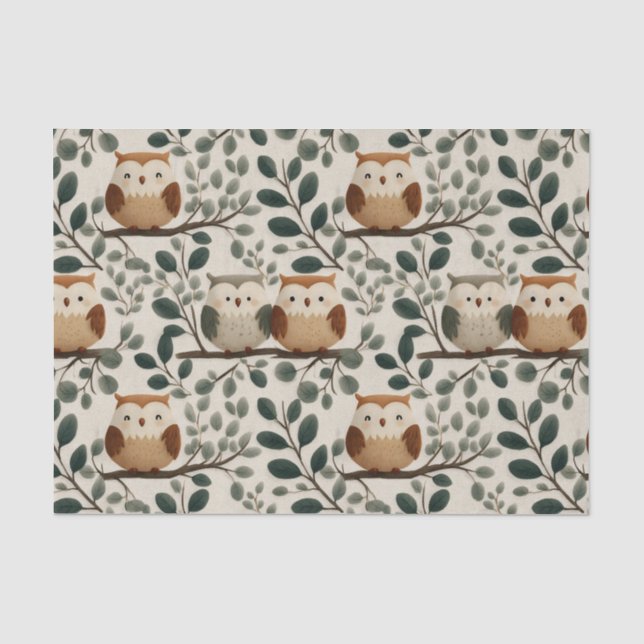 Owl and Forest Leaf Pattern Tissue Paper (Front)