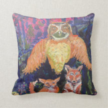 Owl and Foxes Whimsical Throw Pillow