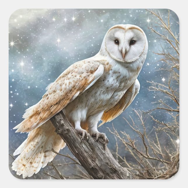 Owl and Magical Sky Beautiful Holidays Snow Square Sticker (Front)
