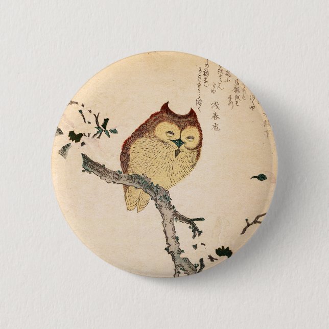 Owl and magnolia – Kobushi ni mimizuku 2 Inch Round Button (Front)