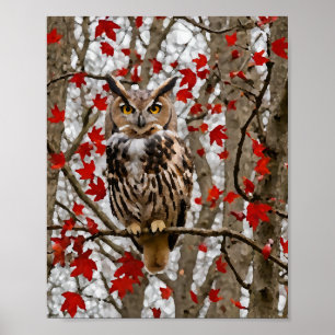 Owl and Maple Leaves Poster
