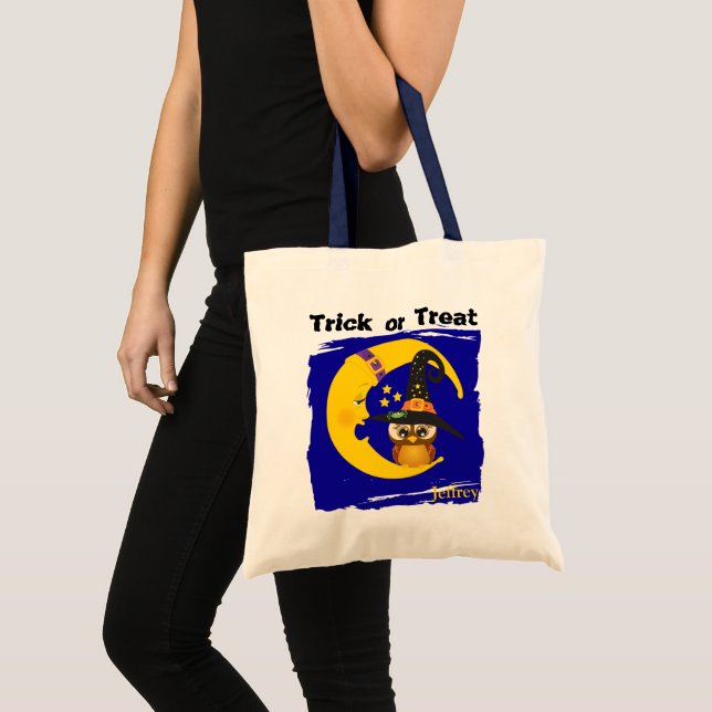 Owl and Moon Halloween Trick or Treat Tote Bag (Front (Product))