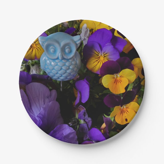 Owl and Pansies Paper Plate (Front)