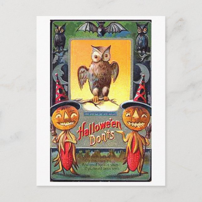 Owl and Pumpkin Corn Halloween Don'ts Postcard (Front)