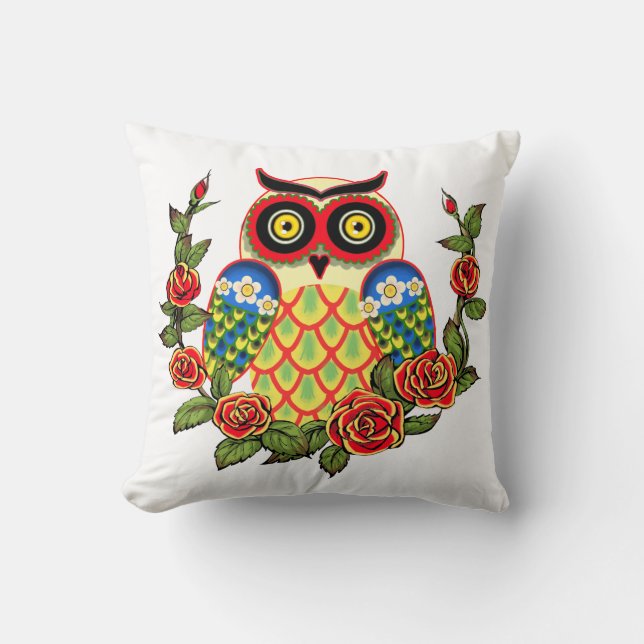Owl and Roses Mexican style Throw Pillow (Front)