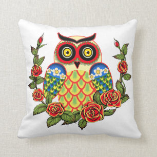 Owl and Roses Mexican style Throw Pillow